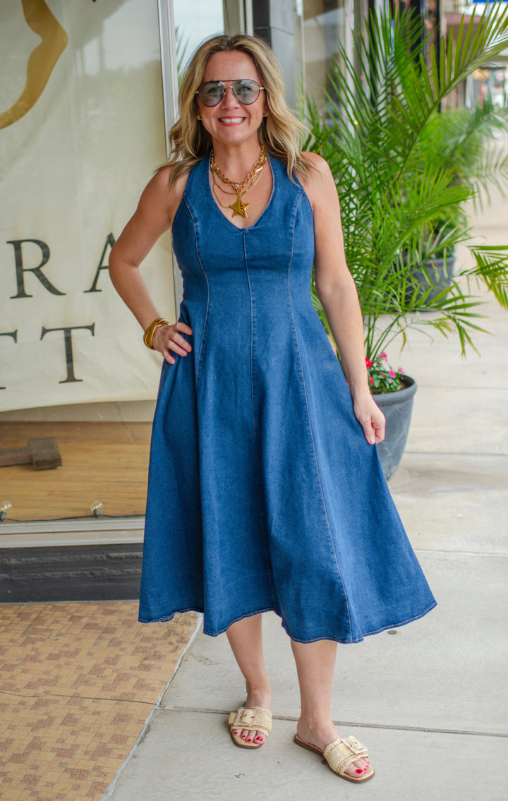 Spin Me Around Denim Swing Halter Dress in Dark Denim