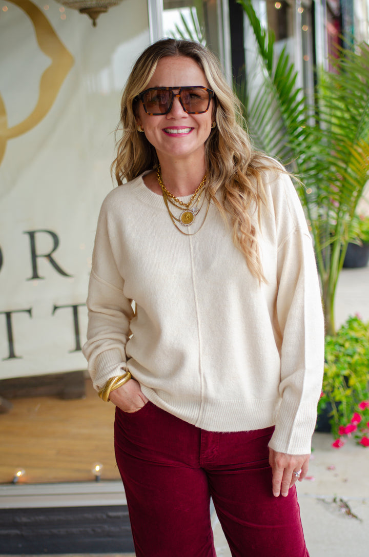 Take Me Back Cream Knit Crewneck Front Seam Sweater