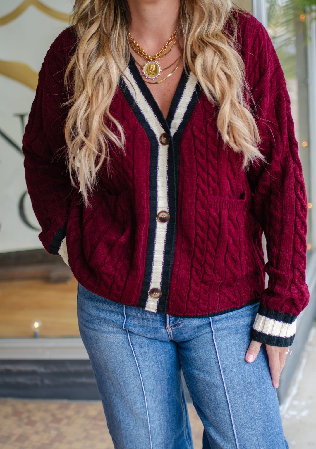 Burgundy Knit Varsity Button Down Sweater