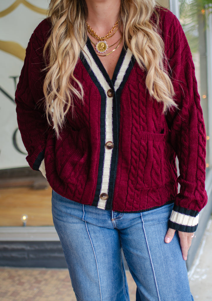 Burgundy Knit Varsity Button Down Sweater