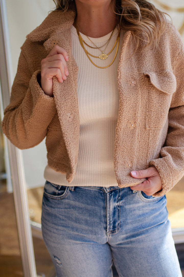 Your Like Home Shearling Cropped Button Front Jacket with Pockets in Camel