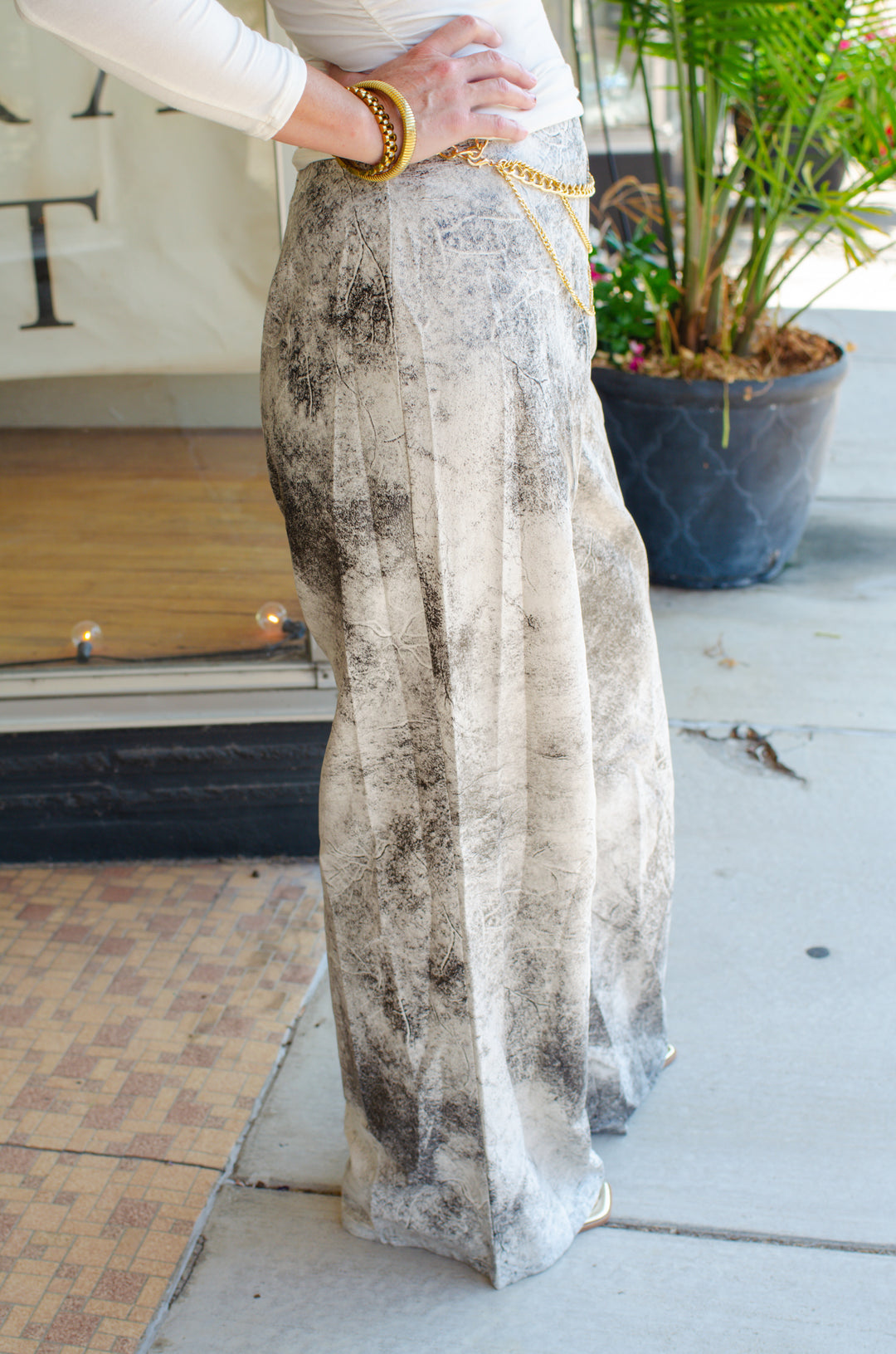 City Chic Gold Belted Pants in Cream
