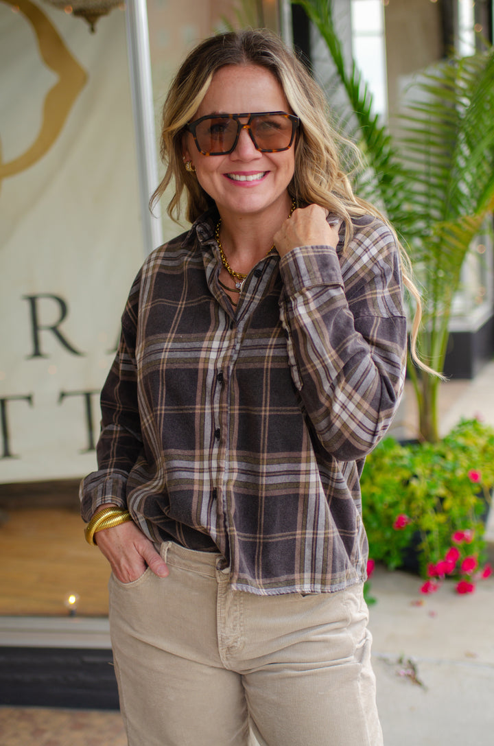 Good Times Plaid Button Down Collared Boxy Long Sleeve Shirt in Brown Mix