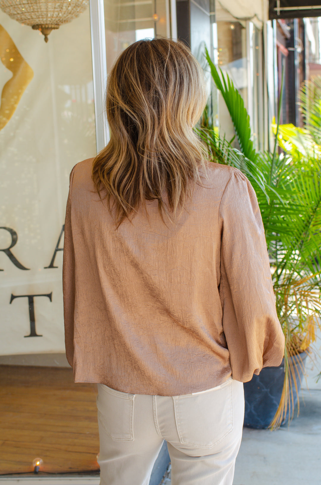 True Heart Bow Neckline Textured Satin Long Sleeve Blouse in Mocha