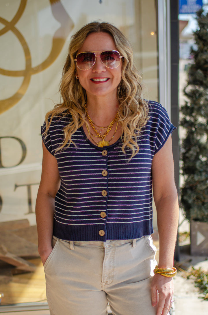 Coastal Moment Knit Stripe Button Down Top in Navy