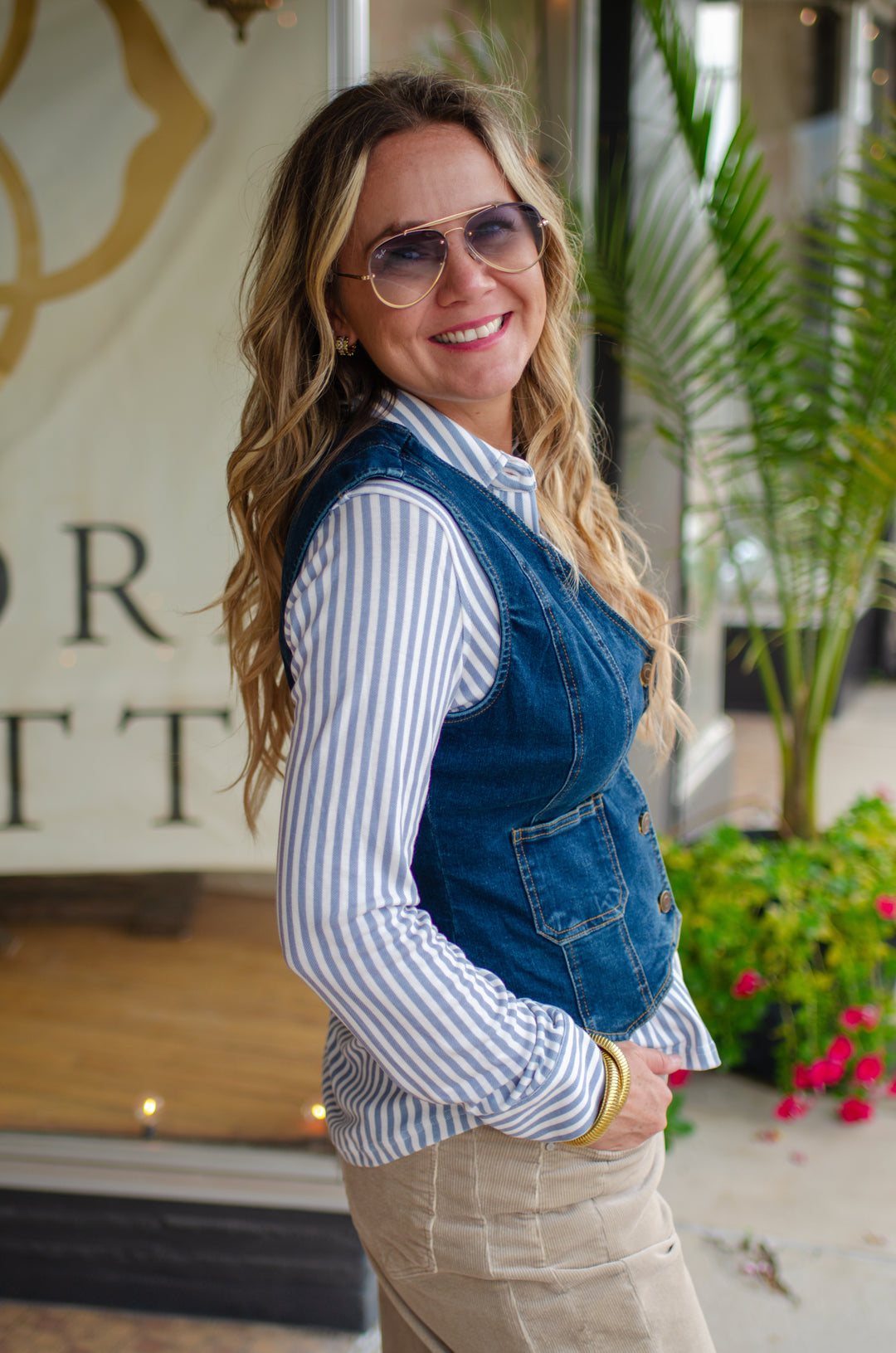 Night Out Denim V-Neck Button Down Vest in Dark Denim