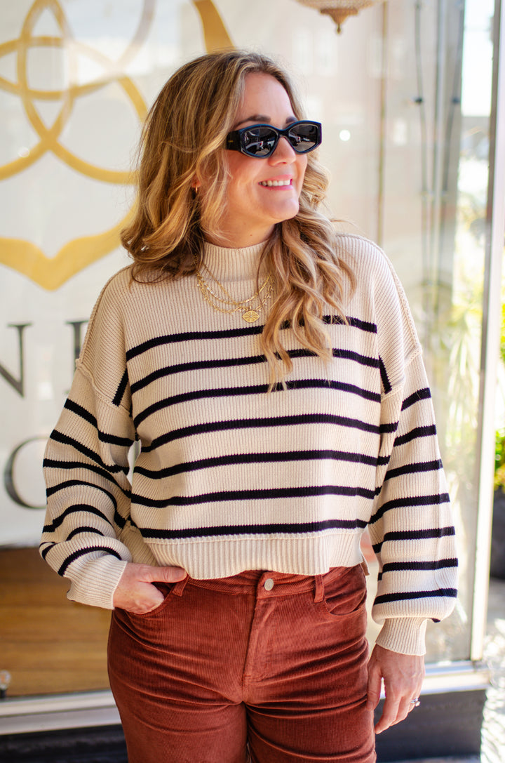 Your My Love Mock Neck Ribbed Stripe Sweater in Khaki