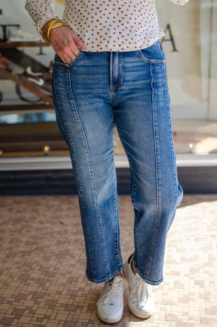 Risen Rise Crop Straight Leg Jeans in Dark Wash