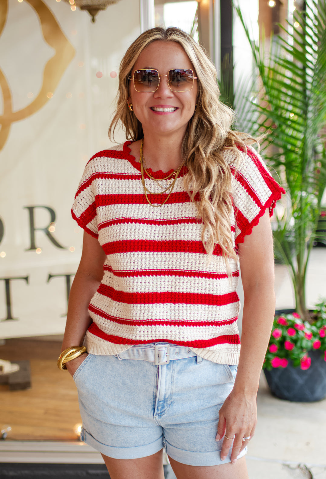 Count On Me Red & Cream Macrame Knit Top