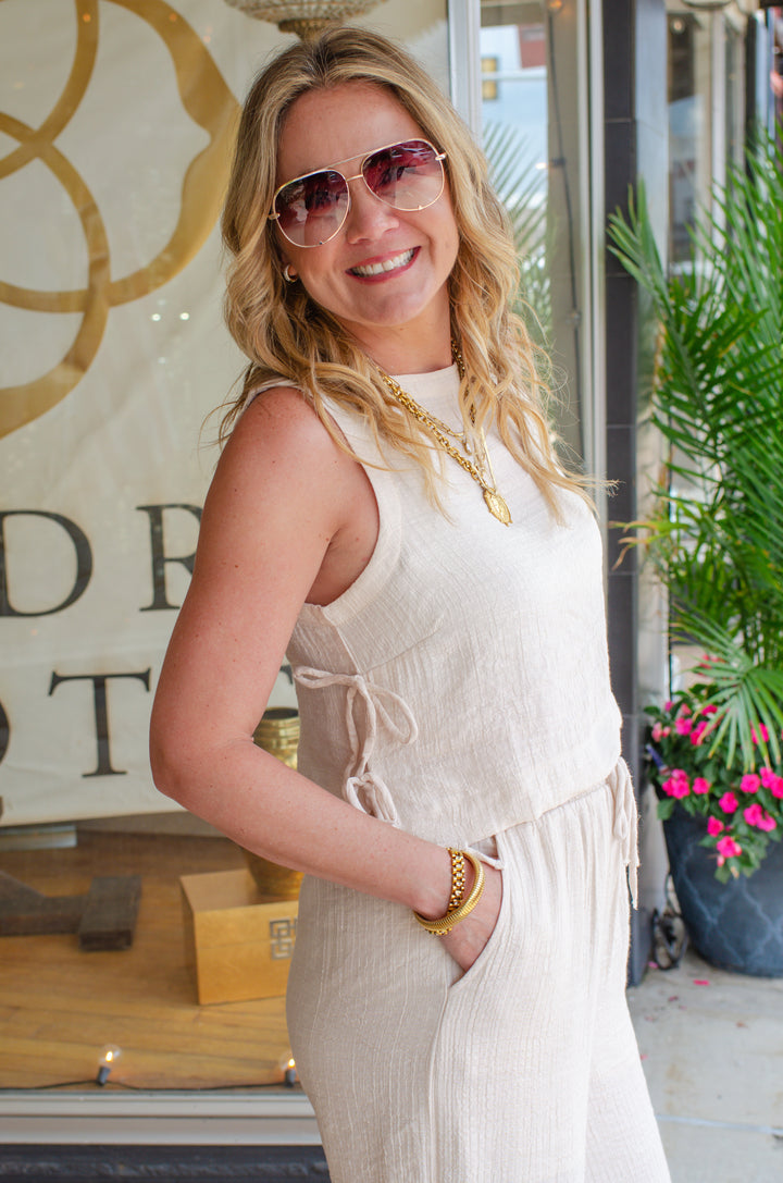 Take Me To The Beach Textured Side Tie Sleeveless Tank