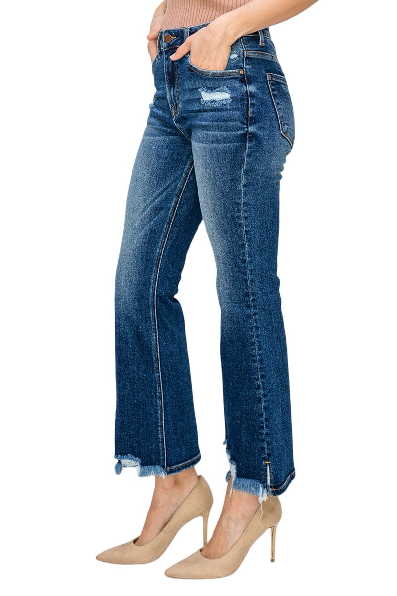 Risen High Rise Crop Flare Jeans in dark wash