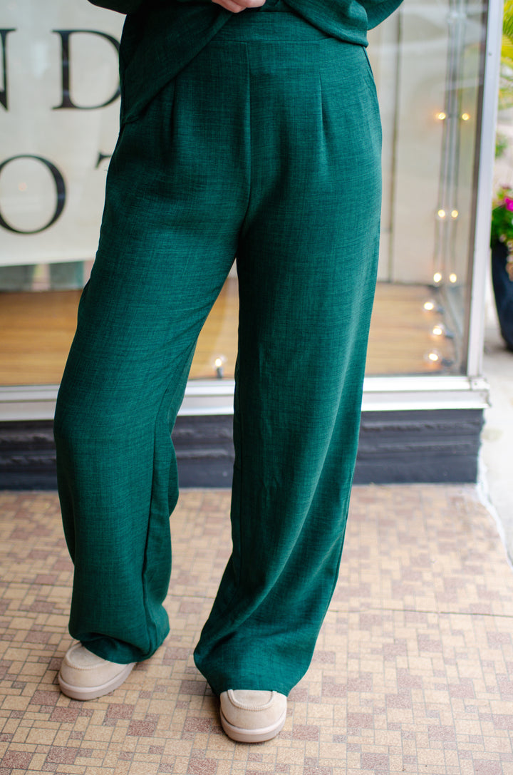 Forever True to You High Rise Poly Linen Stretch Waist Pant in Forest Green