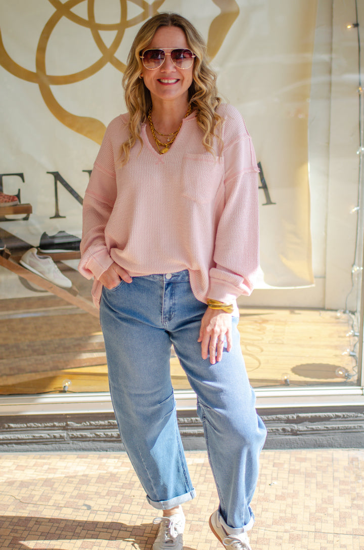 Classic Moment Oversized V-Neckline Long Sleeve Top in Light Pink