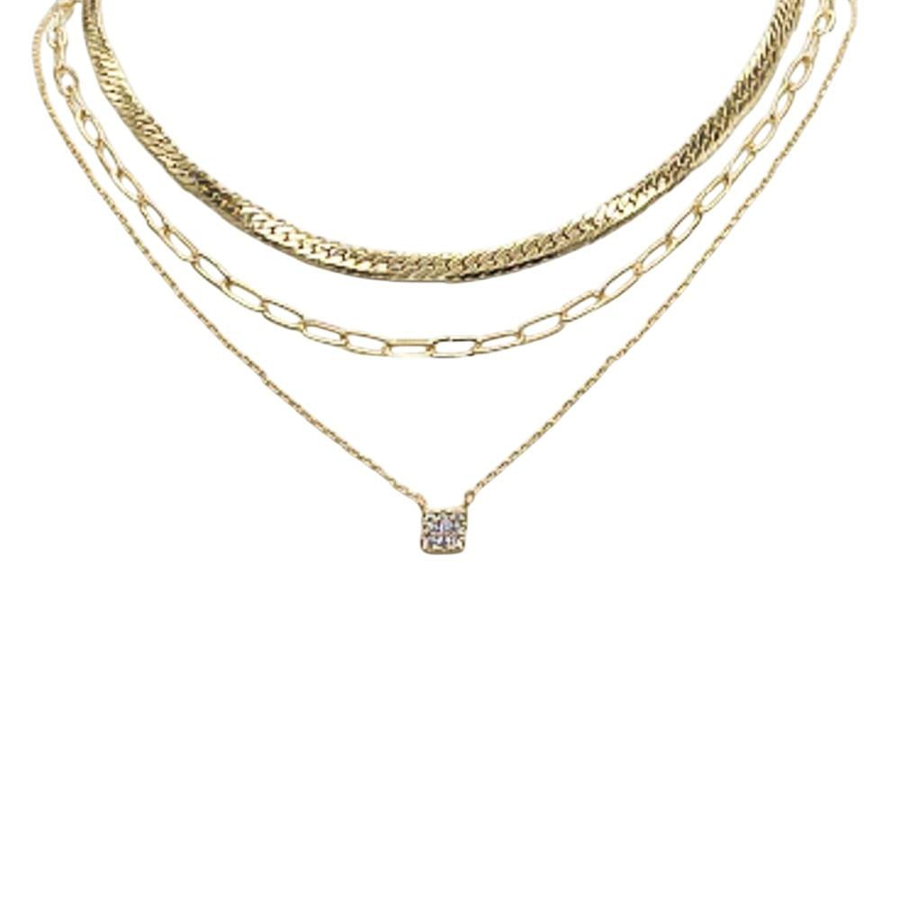 Gold Brass Triple Layer Snake Chain Pendant Necklace