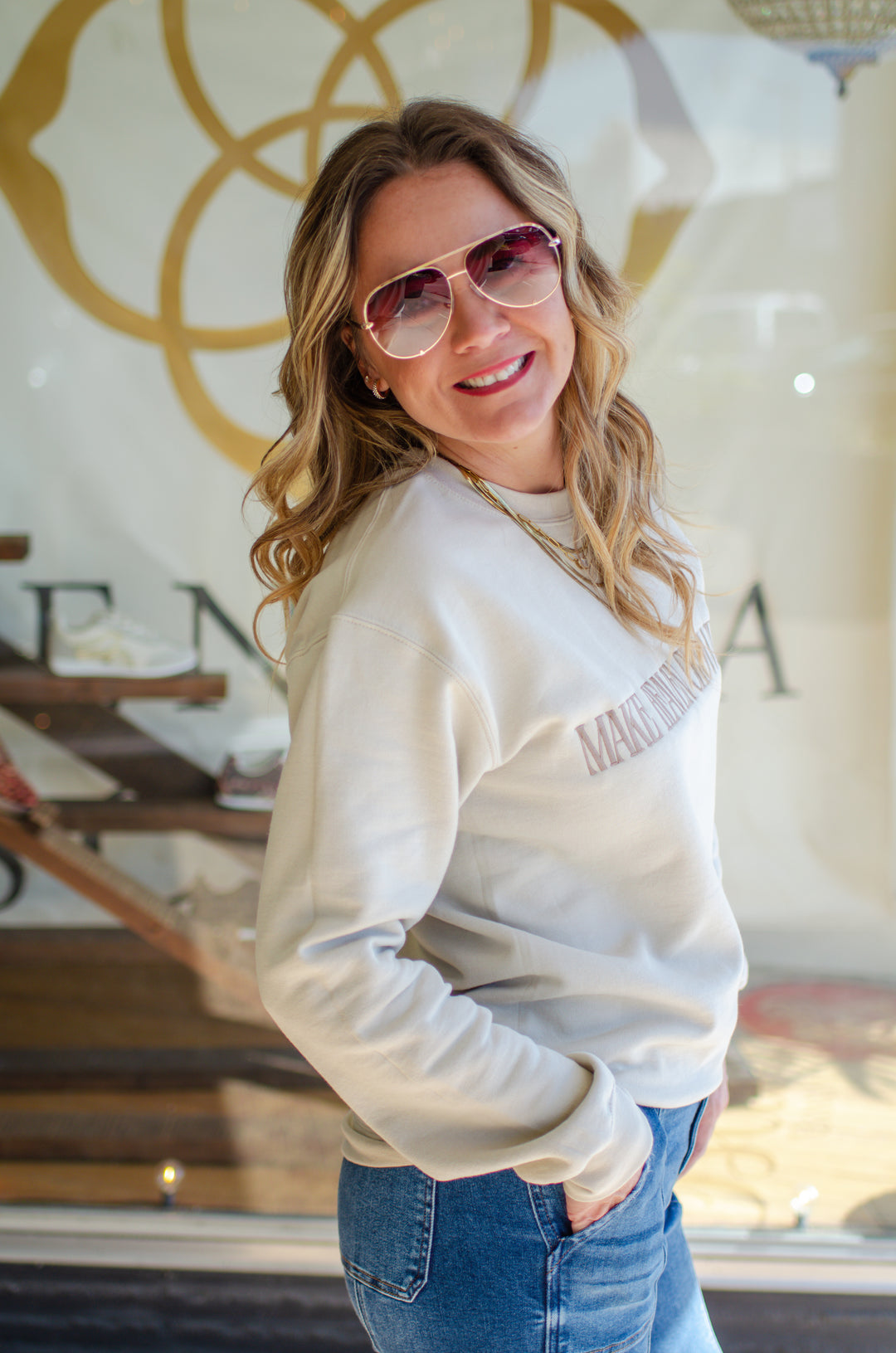 Make Heaven Crowded Embroidered Fleece Sweatshirt in Sand