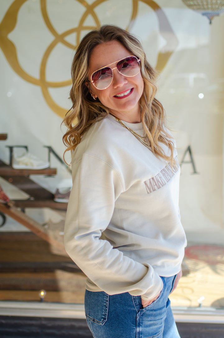 Make Heaven Crowded Embroidered Fleece Sweatshirt in Sand