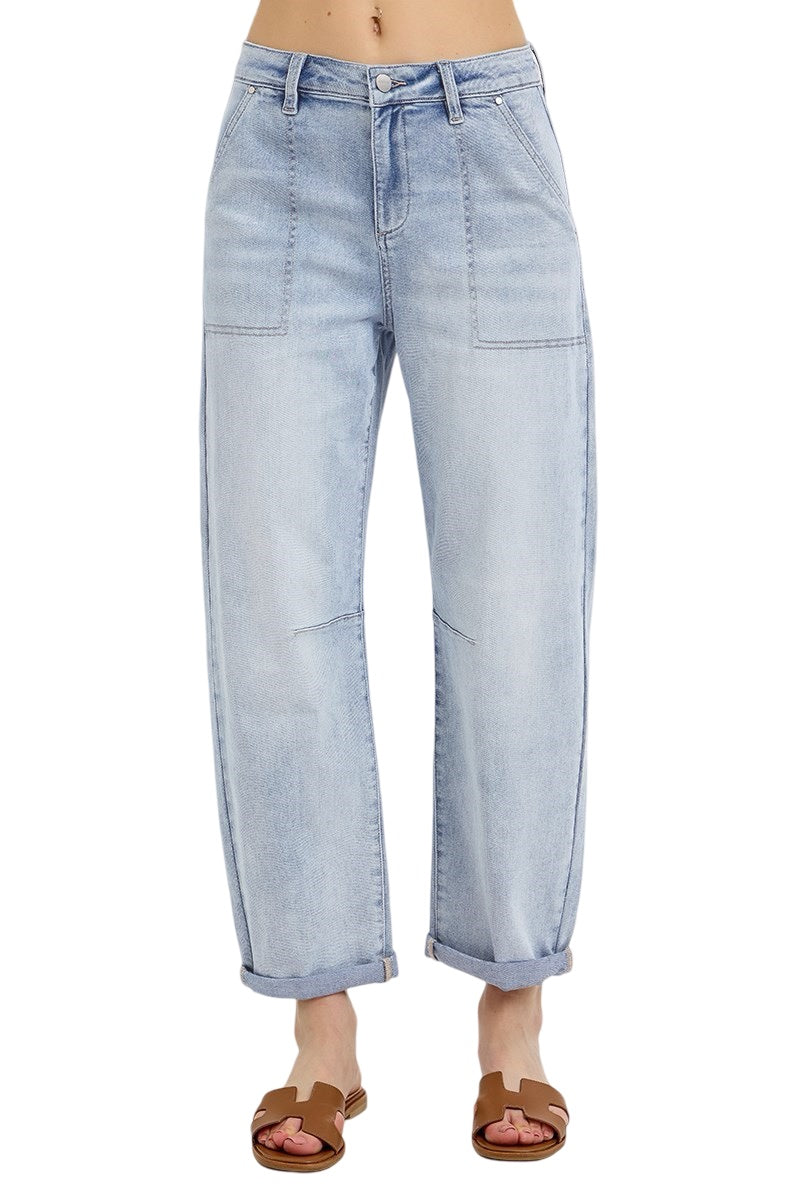 Risen Mid Rise Barrel Relaxed Patch Pocket Jeans in Light Wash