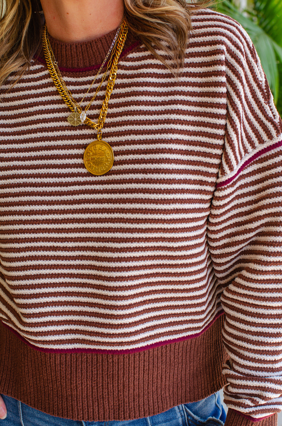 Get Cozy Soft Ribbed Knit Round Neck Color Block Sweater in Chocolate