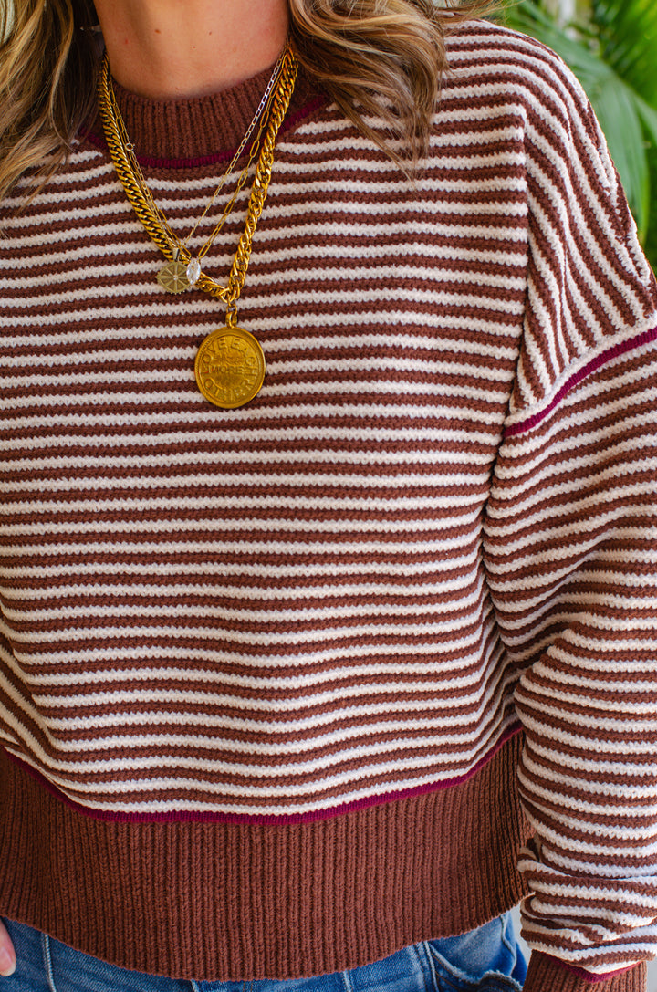 Get Cozy Soft Ribbed Knit Round Neck Color Block Sweater in Chocolate
