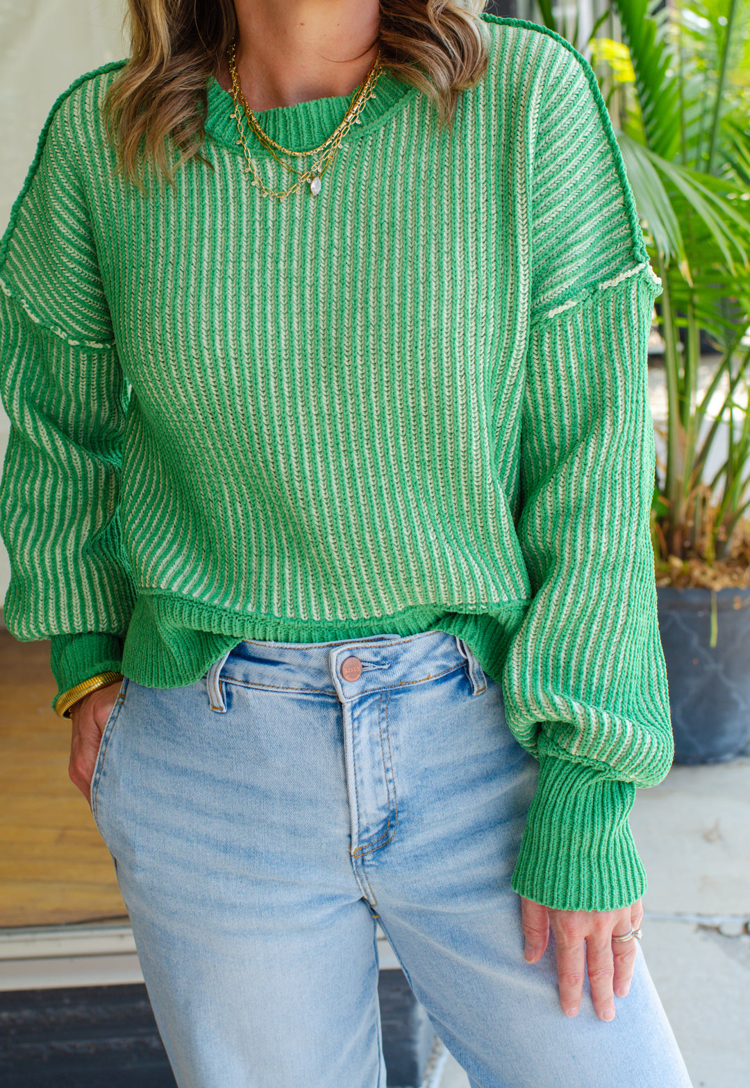 Beacon Of Fun Two Tone Ribbed Sweater Top in Green