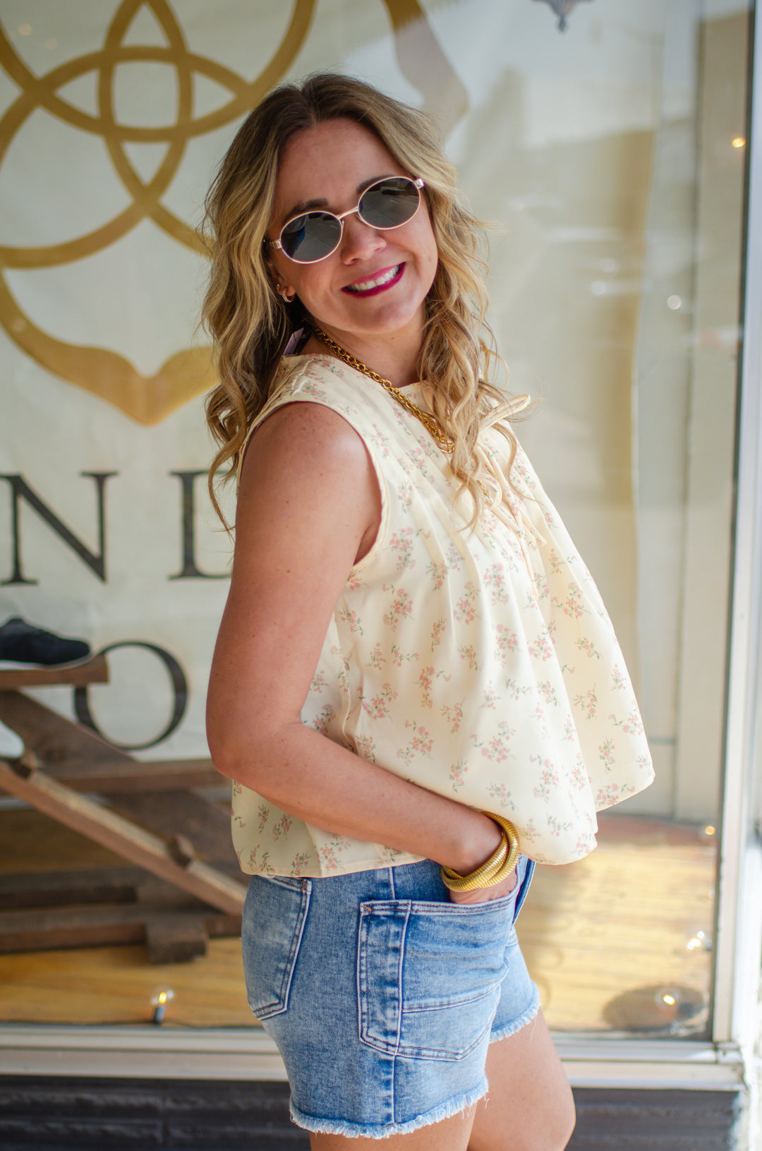 Sweet Symphony Blue Floral Tie Front Pleated Tank in Butter Yellow