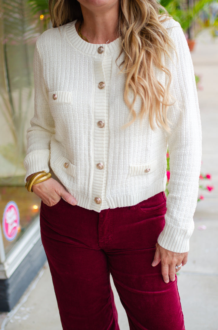 Stylish Moments Gold Button Detailed Sweater Top in Cream