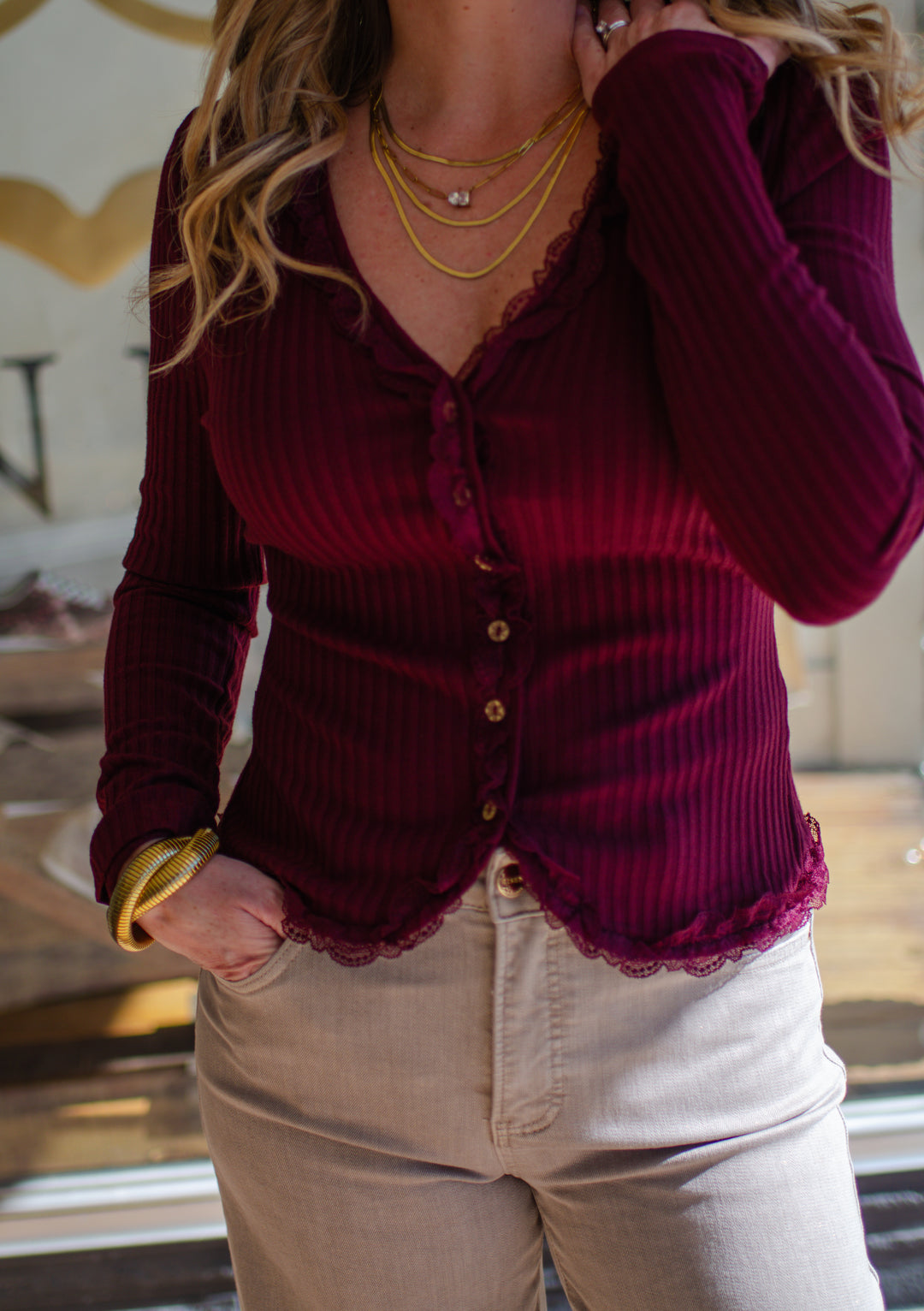 Our Love Button Down Lace Trim Knit Top in Wine