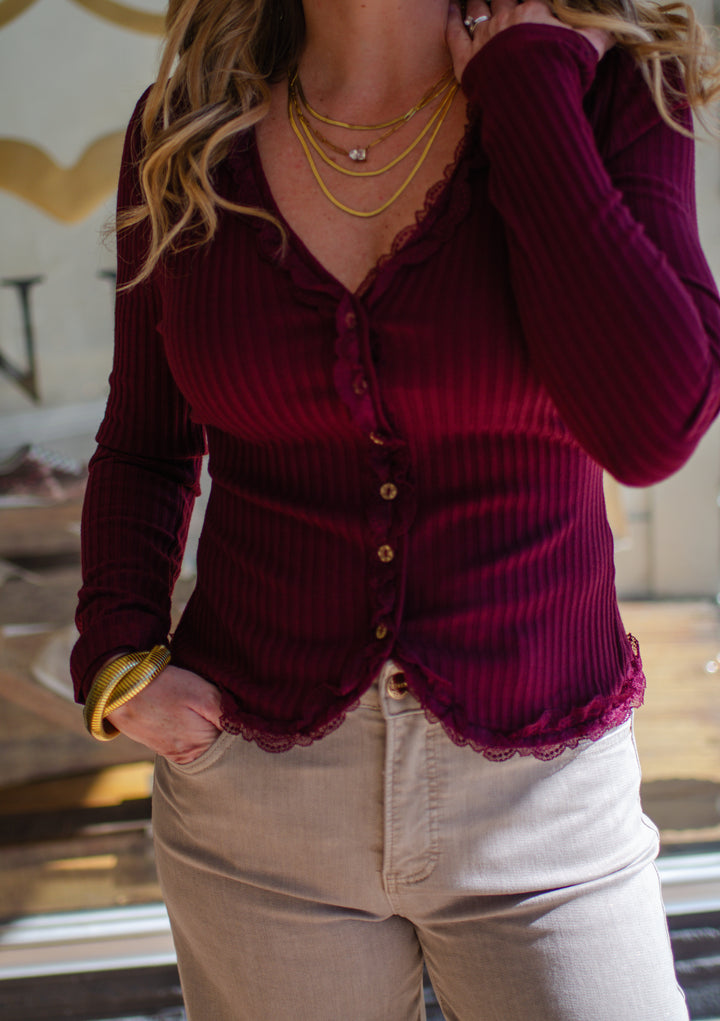 Our Love Button Down Lace Trim Knit Top in Wine