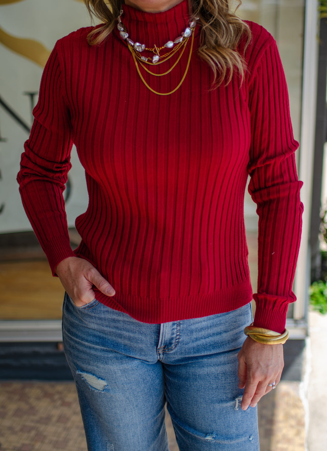 Fall Staple Mock Neck Ribbed Long Sleeve Top in Burgundy
