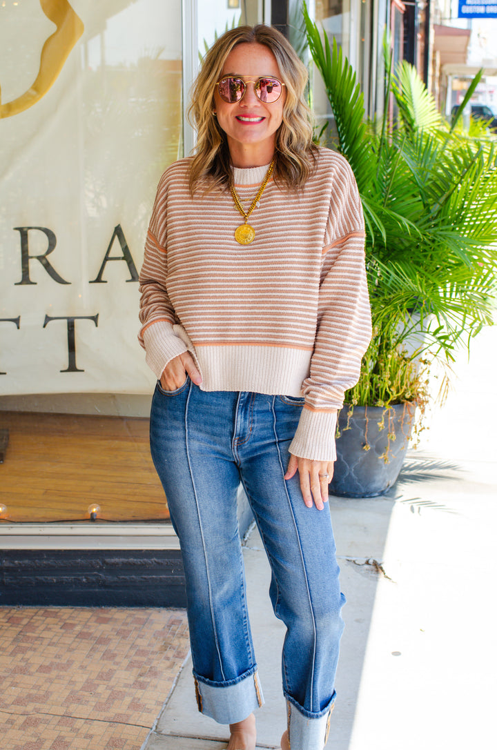 Get Cozy Soft Ribbed Knit Round Neck Color Block Sweater in Taupe