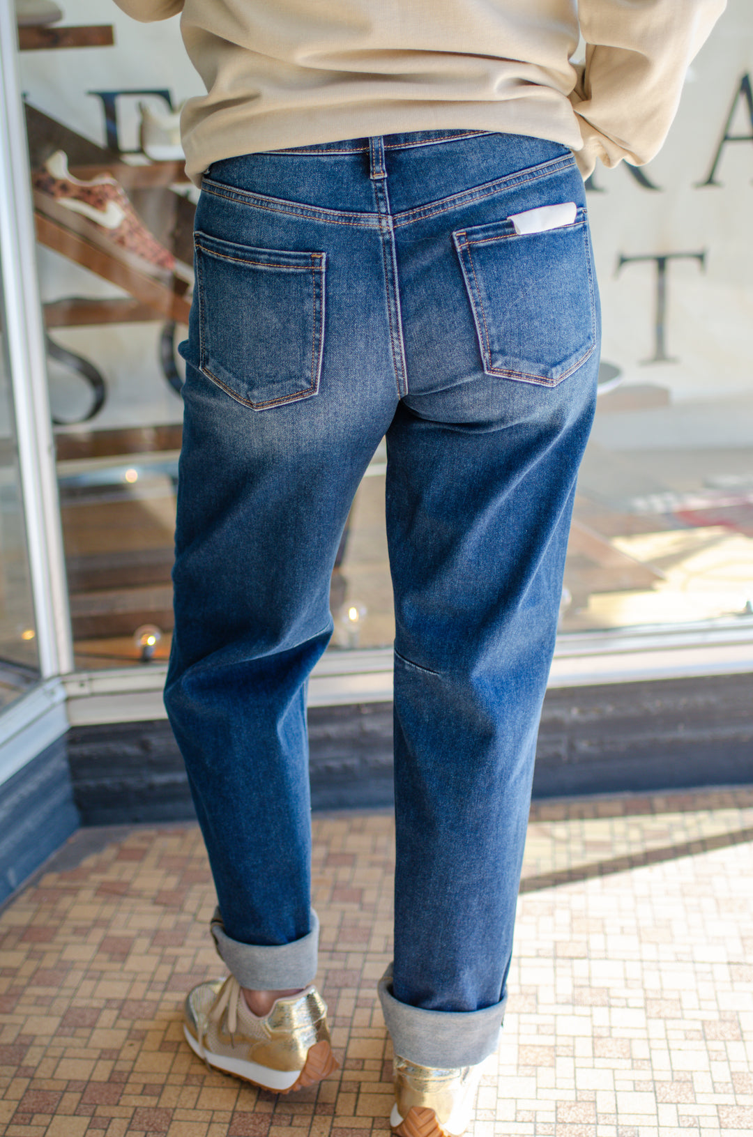 Risen Slouchy Crop Barrel Cuffed Jeans in Dark Wash