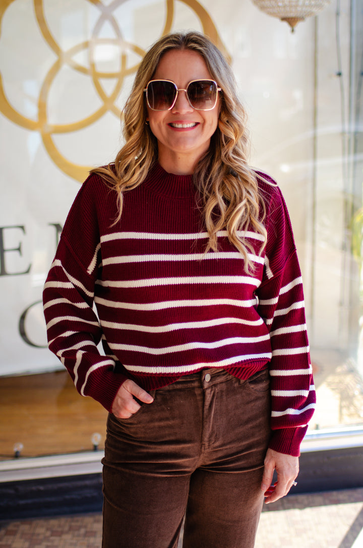 Your My Love Mock Neck Ribbed Stripe Sweater in Oxblood