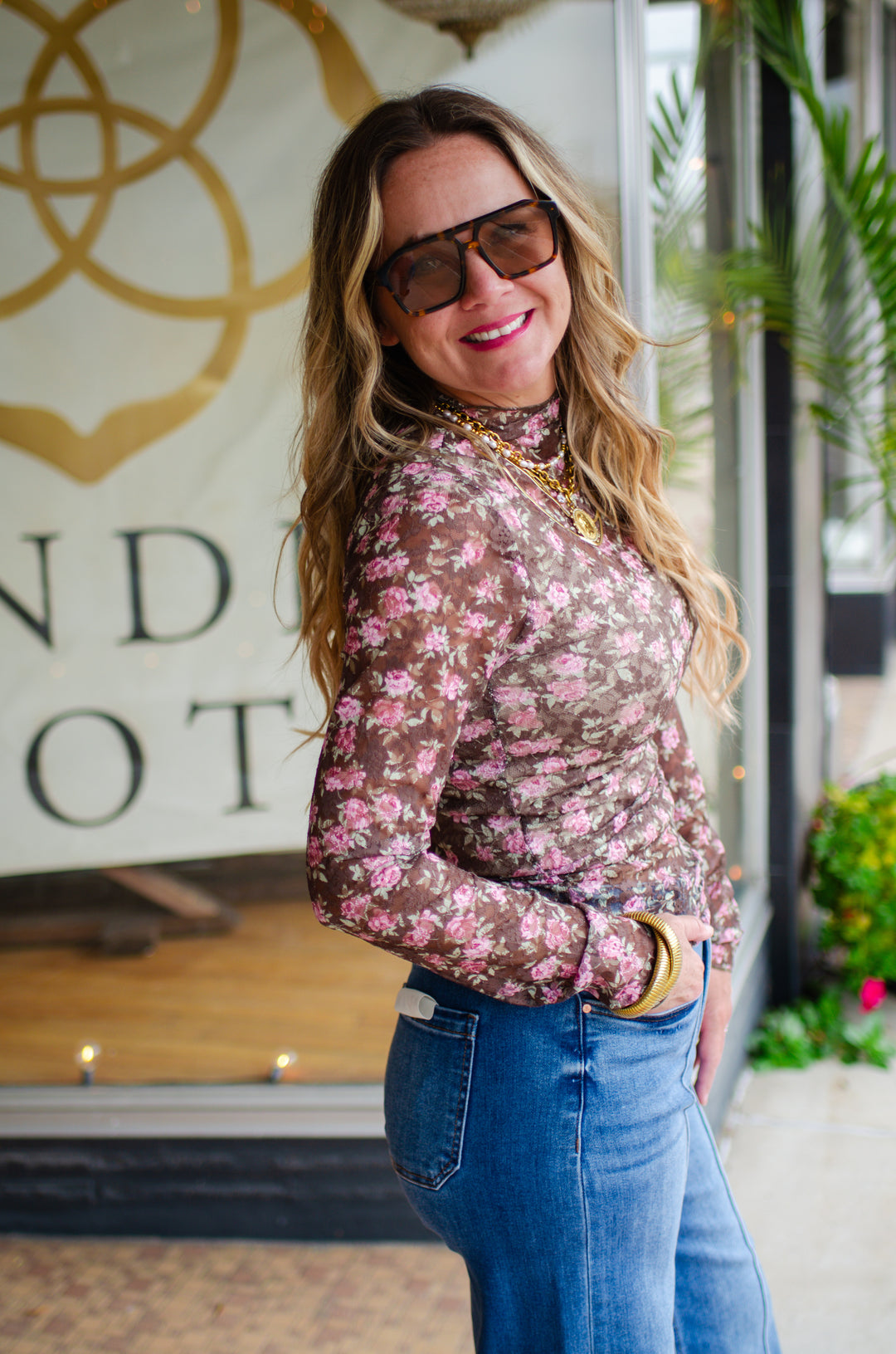 Fall Floral High Neck Sheer Mesh Lace Top in Chocolate