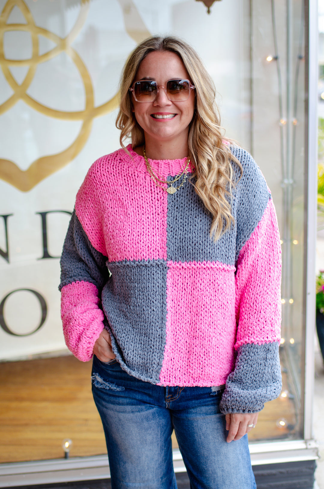 Pink & Grey Chunky Knit Color-block Sweater