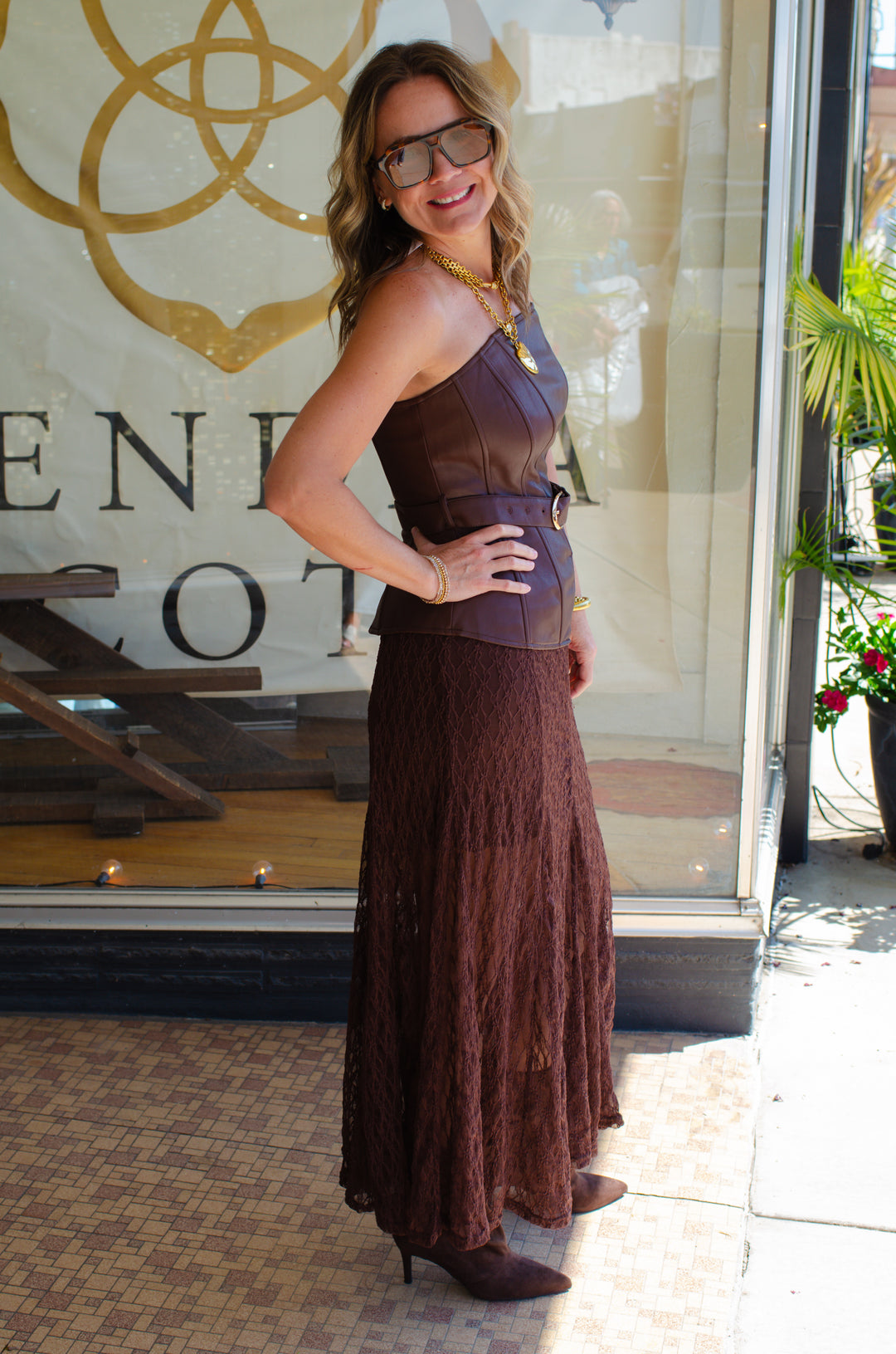 Boho Babe Sheer Lace Midi Skirt in Chocolate Brown