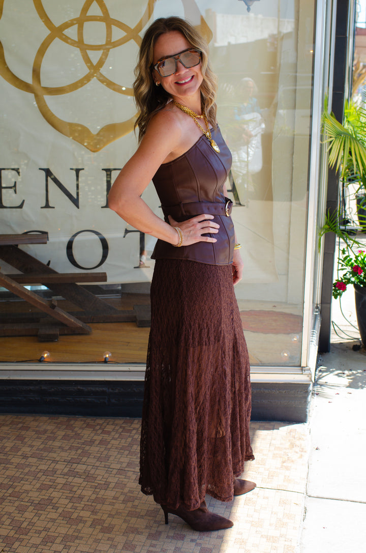 Boho Babe Sheer Lace Midi Skirt in Chocolate Brown