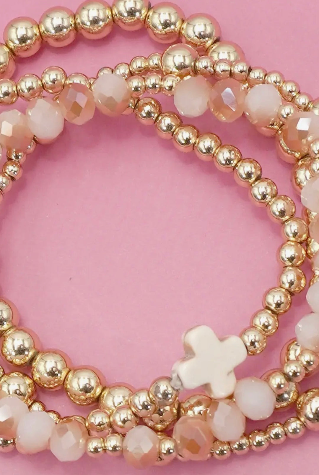 Boho Cross Multi Gold Beaded Stretch Bracelet Set of 4 in White