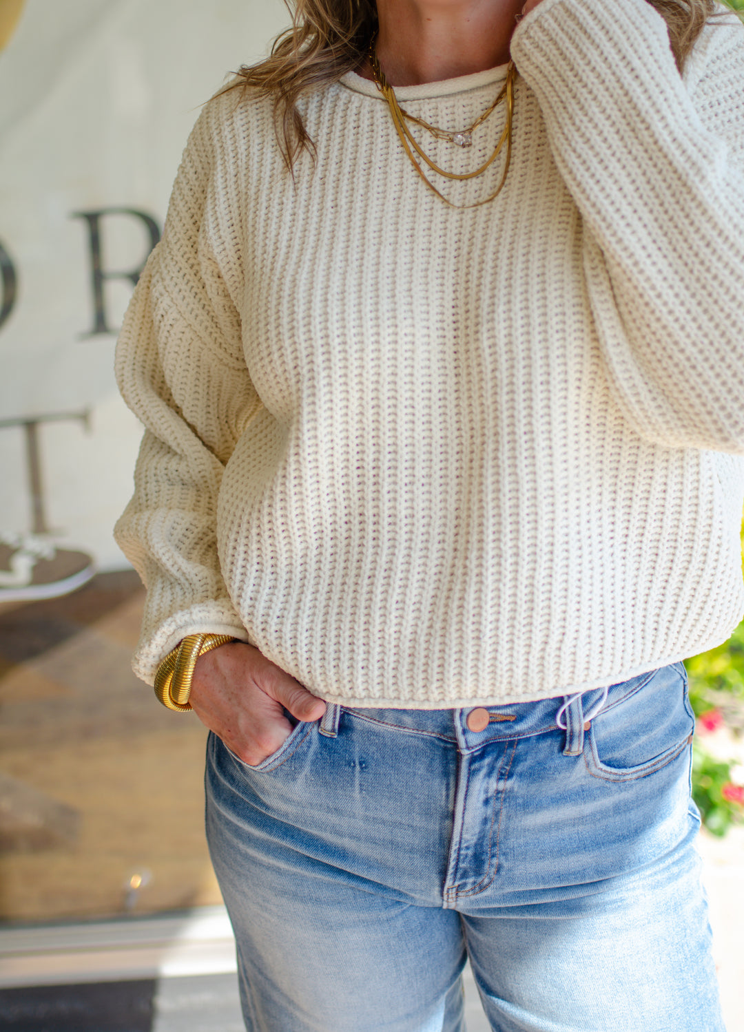 Winter Wonder Rolled Edge Ultra Soft Knit Sweater in Cream