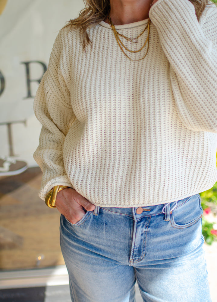Winter Wonder Rolled Edge Ultra Soft Knit Sweater in Cream