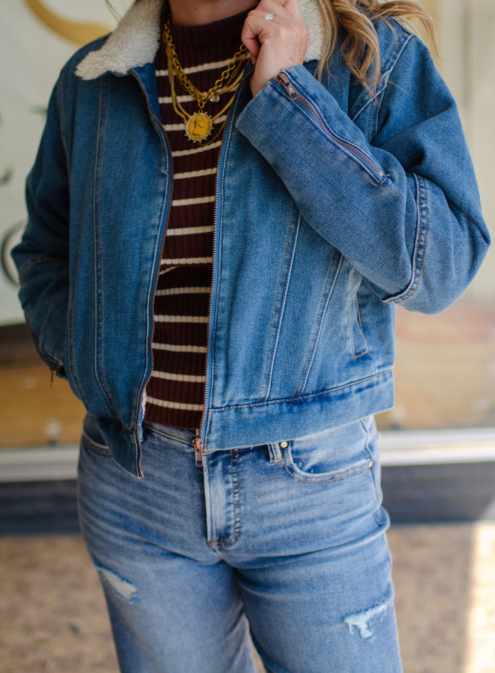Take My Hand Medium Wash Shearing Denim Jacket