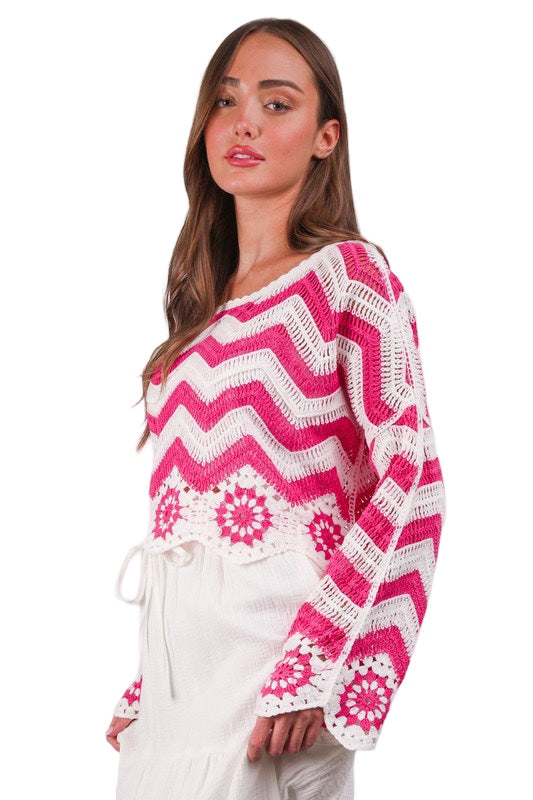 Pink Boho Crochet Knit Long Sleeve Top in Hot Pink