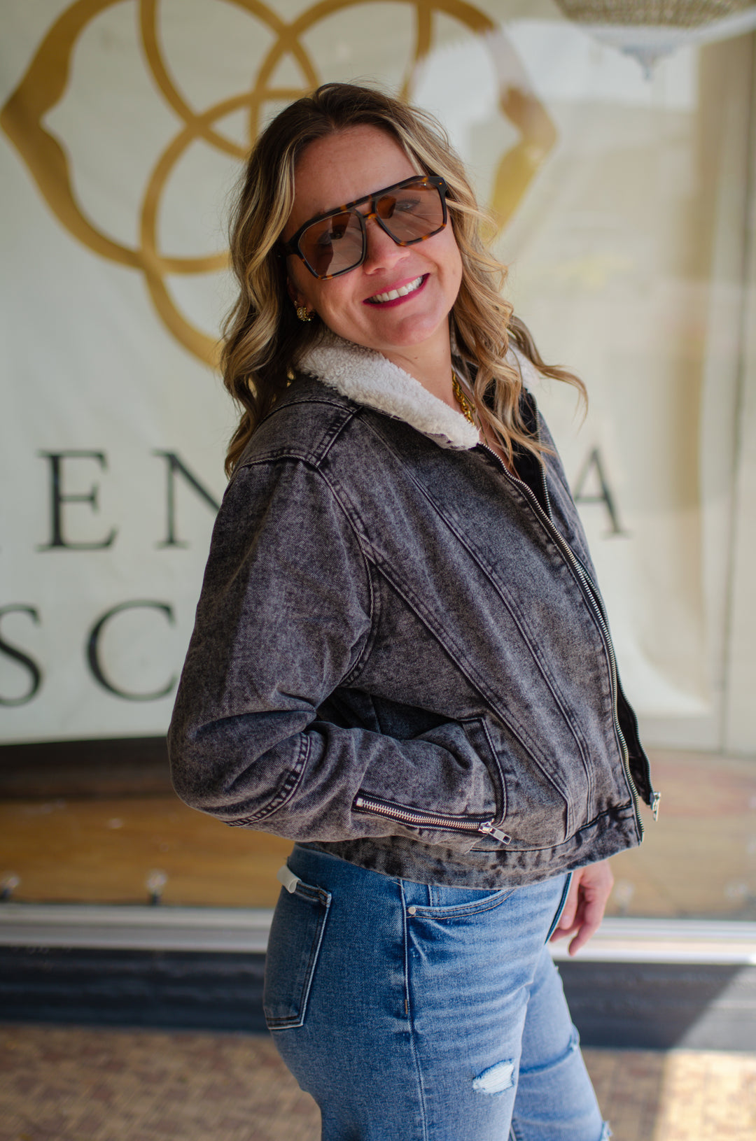 Take My Hand Medium Wash Shearing Denim Jacket in Black Denim