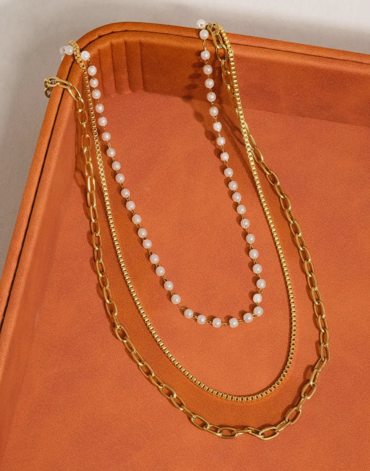 Luxe Remi Triple Chain Pearl & Paperclip Necklace 18K Gold
