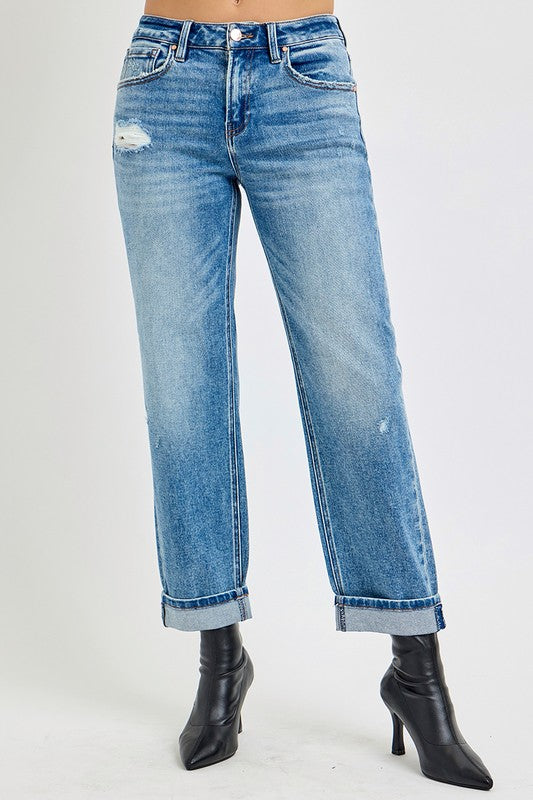 Risen High Rise Ankle Boyfriend Distressed Jeans in Medium