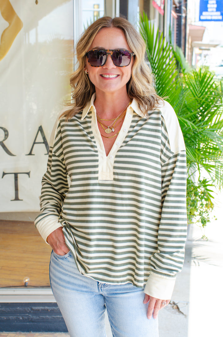 Fall Feels Stripe Henley Sweatshirt in olive & cream