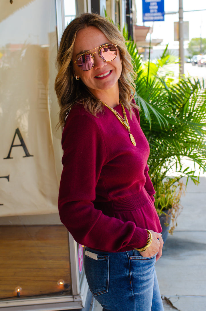 Hold Me Close Fitted Peplum Sweater in Wine