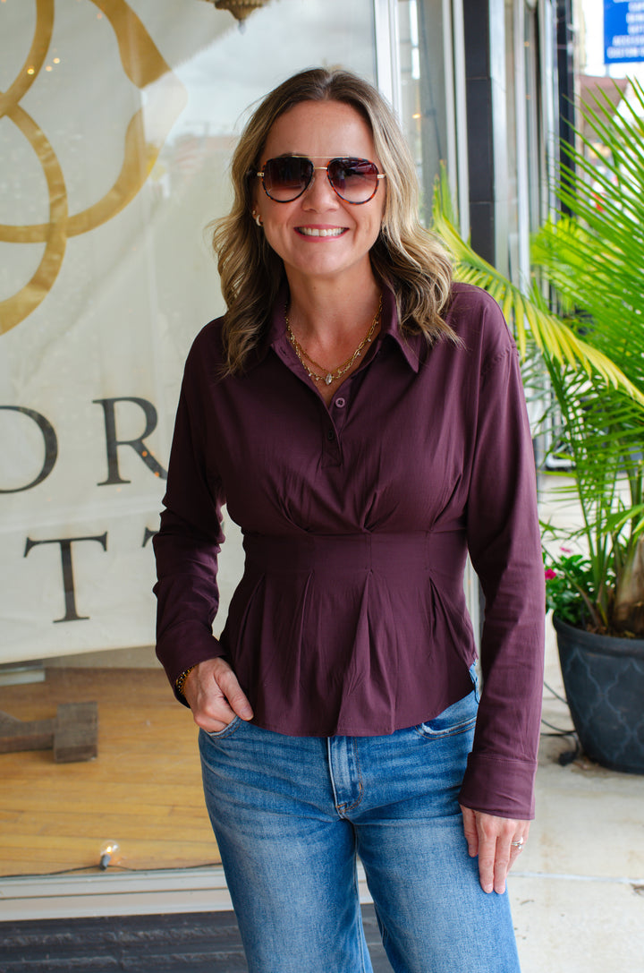 Sweet Moments Peplum Long Sleeve Collared Top in Plum