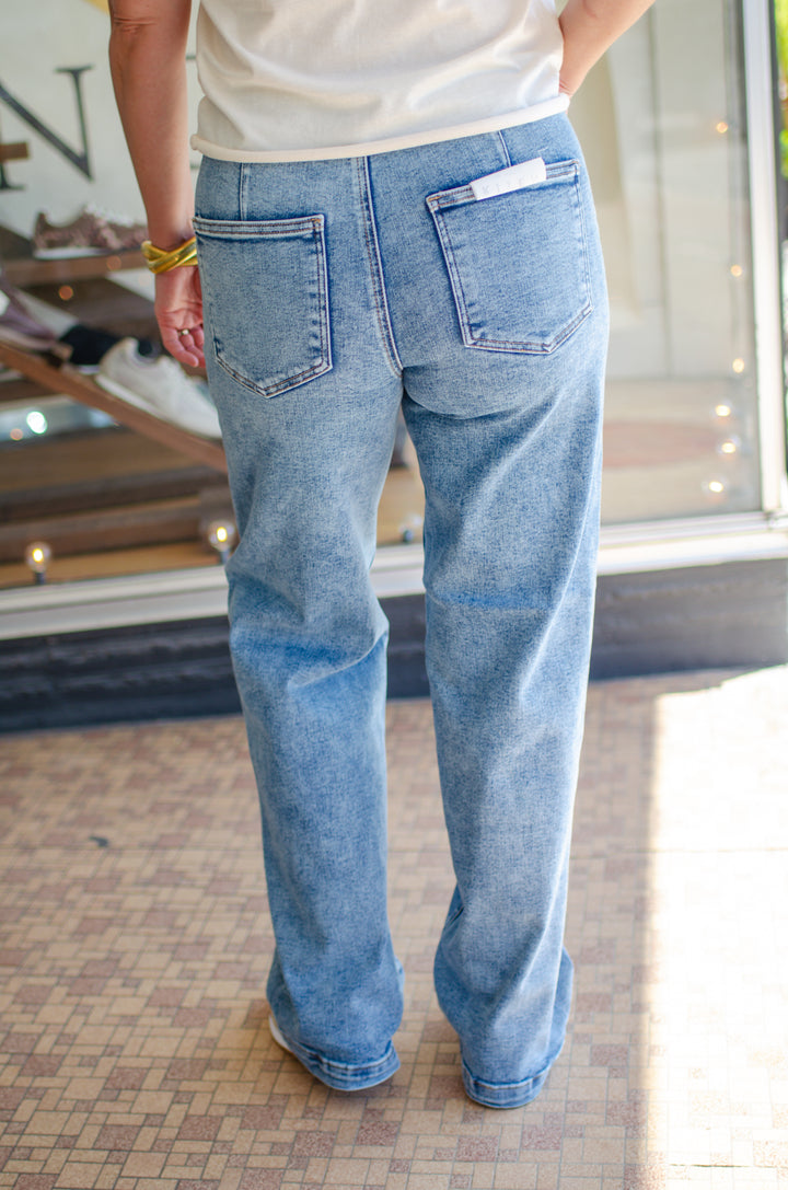 Risen High Rise Ankle Wide-Cuffed Jeans in Medium