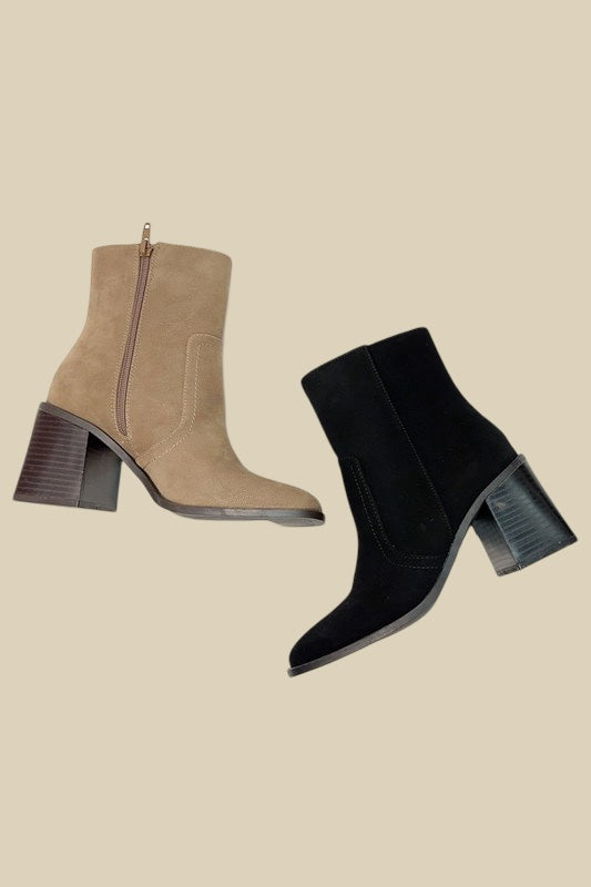 Autumn Moment Taupe Nubuck Block Heel Bootie