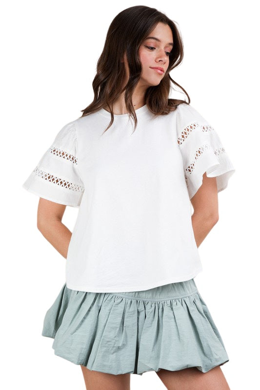 Chic Style Lace Trim Solid Knit Top in White